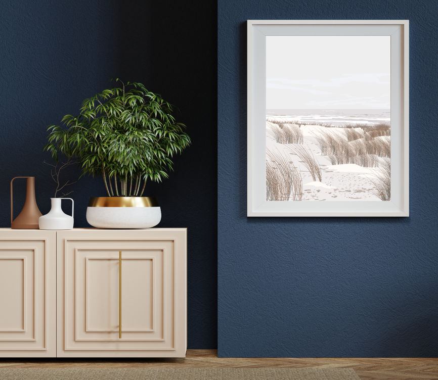 Affiche Ailleurs – grandes dunes claires et horizon lointain – illustration By Swelle.