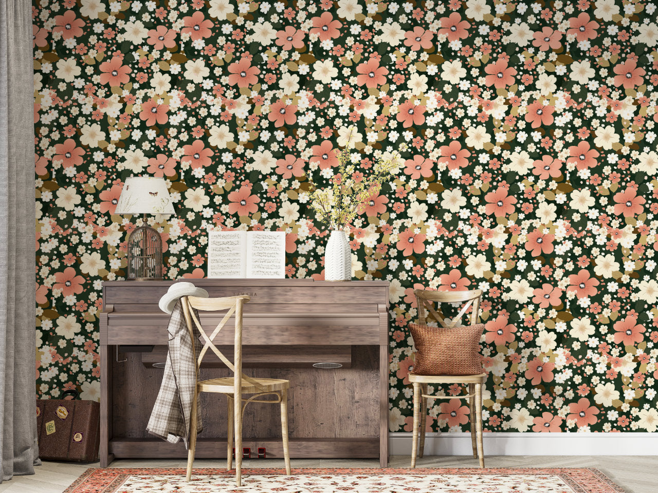 Papier peint fleuri vintage – motif floral rétro corail & crème | Swelle