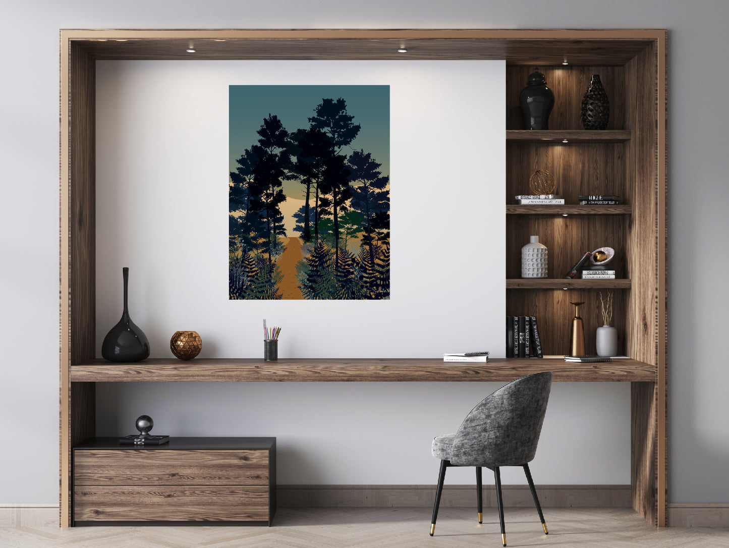 Affiche illustrée pour habiller vos murs. Tôt le matin, des couleurs automnales et un chemin qui mène à la dune alors que le jour se lève à peine. L'illustration Early Morning aux couleurs chaudes et plus sombres est disponible avec ou sans cadre selon votre préférence et en deux dimensions au choix.