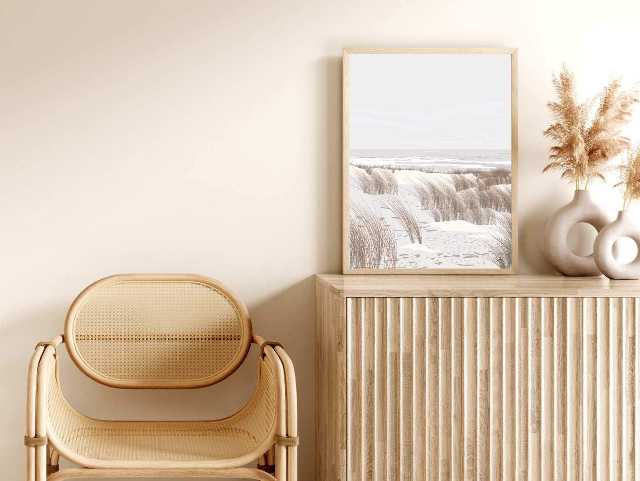 Affiche Ailleurs – grandes dunes claires et horizon lointain – illustration By Swelle.