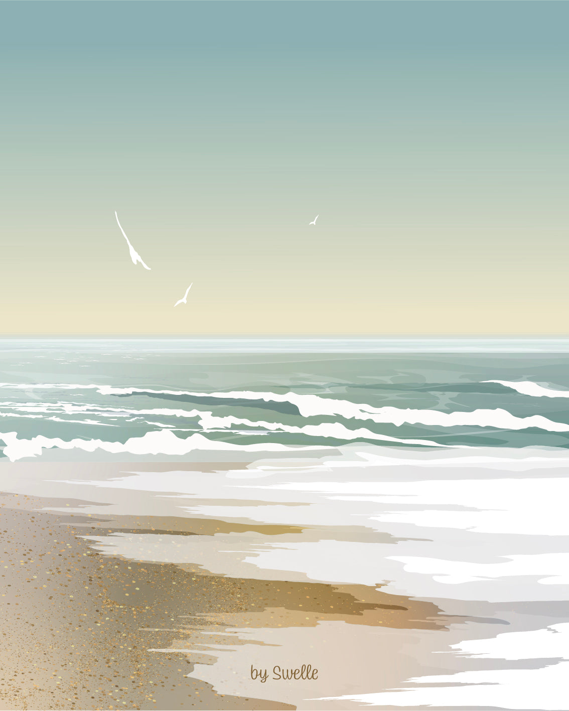 Affiche illustrée de plage et de vagues douces, parfaite pour une déco bord de mer naturelle.