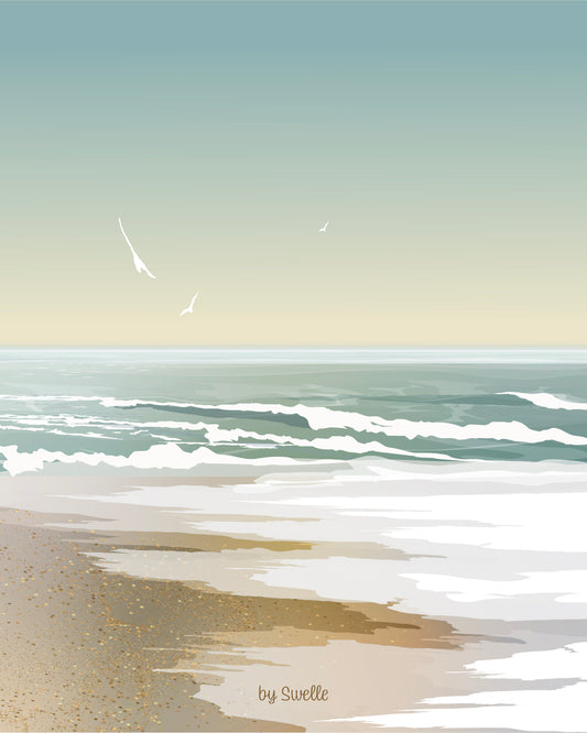 Affiche illustrée de plage et de vagues douces, parfaite pour une déco bord de mer naturelle.
