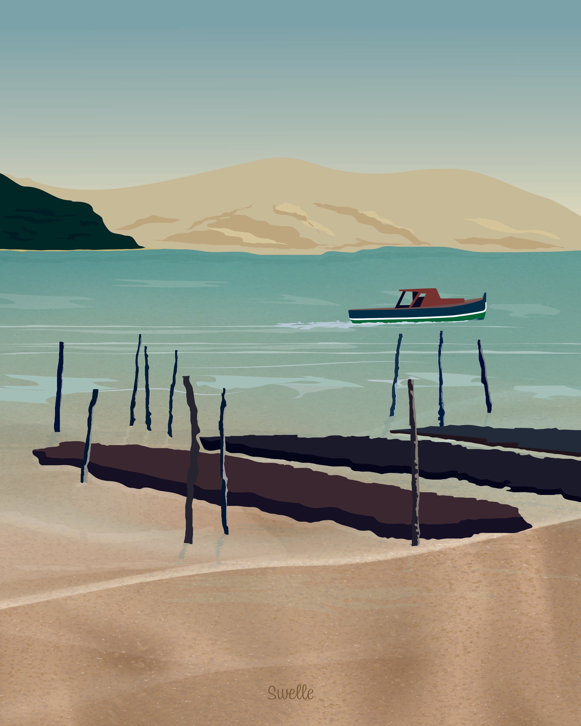 Illustration douce du Bassin d’Arcachon : bateau traditionnel, parcs ostréicoles et Dune du Pilat, Cap Ferret. Une création By Swelle imprimée en Fine Art.