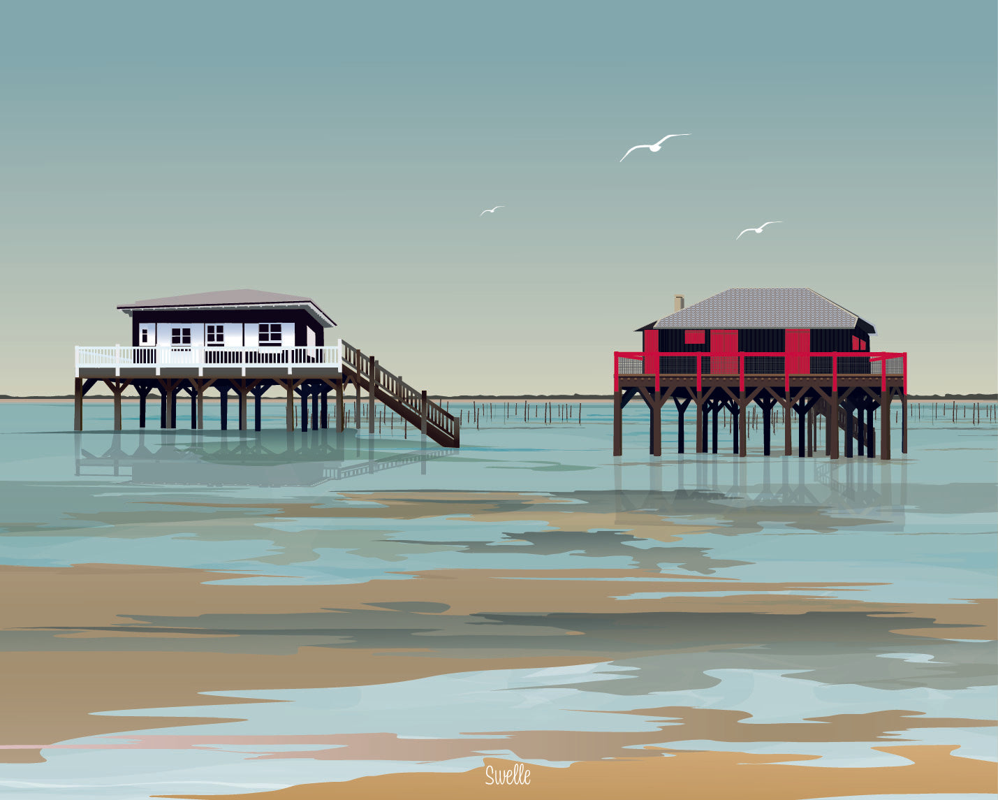 Affiche Les cabanes Tchanquées – Édition 2025 – illustration du Bassin d’Arcachon By Swelle.