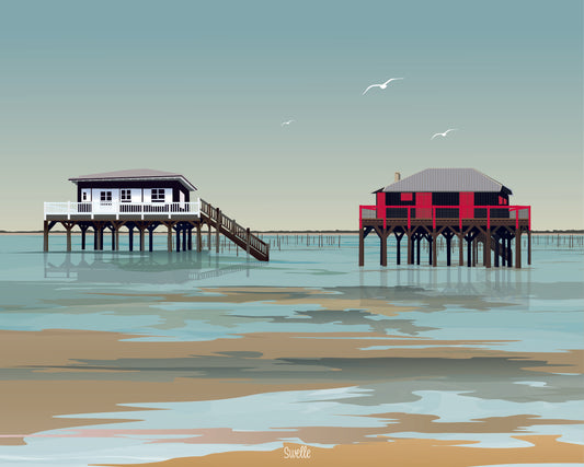 Affiche Les cabanes Tchanquées – Édition 2025 – illustration du Bassin d’Arcachon By Swelle.
