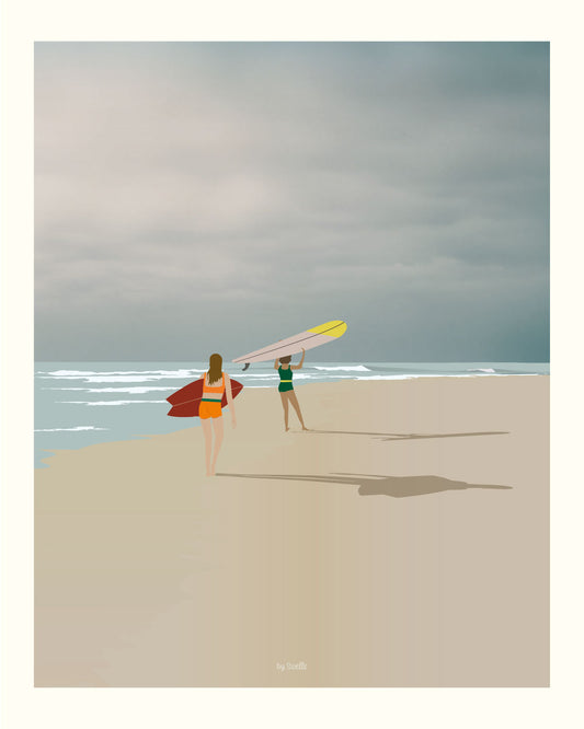 Affiche The Sixties on the Beach – deux surfeuses sur la plage – illustration surf rétro By Swelle.