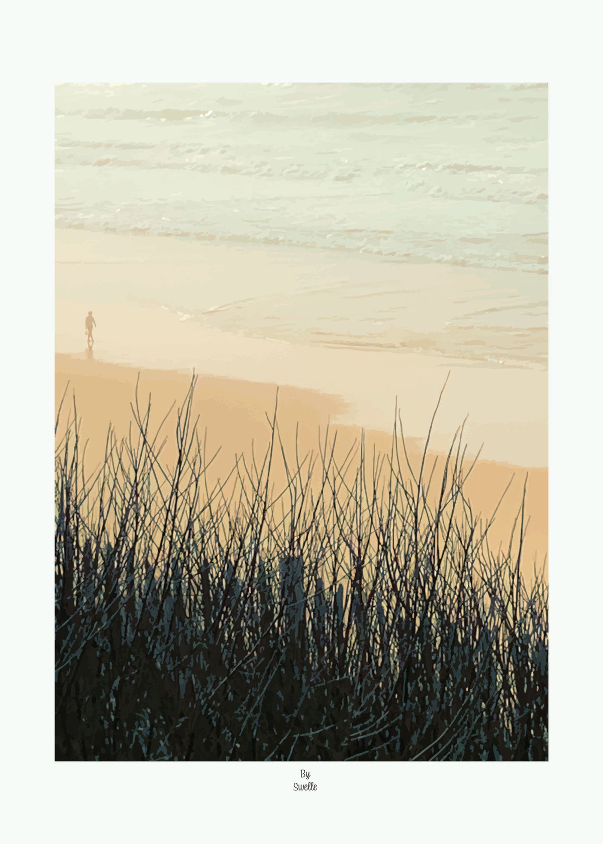 AAffiche Winter Time, édition warm : herbes de dune sur une plage dorée, lumière douce. Illustration By Swelle, imprimée en France, 50 × 70 cm, papier 300 g, sans cadre. (