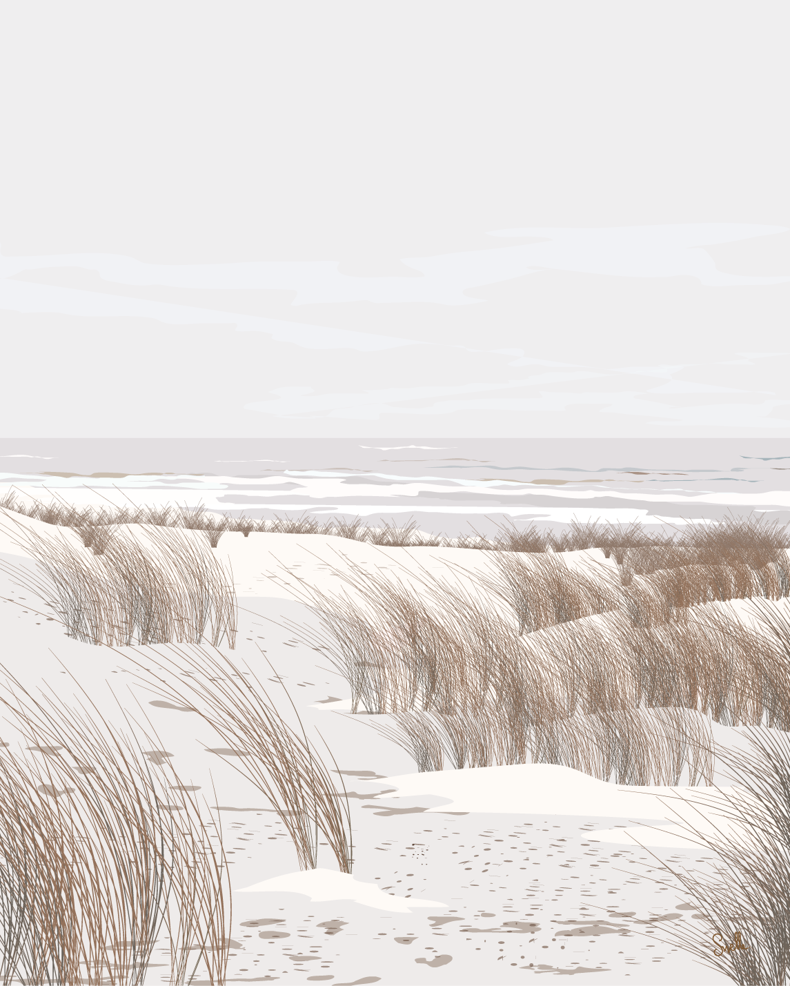 Affiche Ailleurs – grandes dunes claires et horizon lointain – illustration By Swelle.