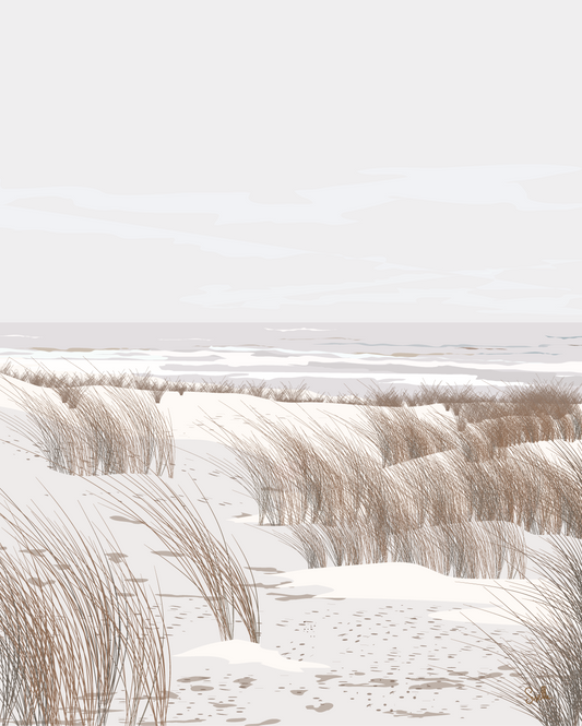 Affiche Ailleurs – grandes dunes claires et horizon lointain – illustration By Swelle.