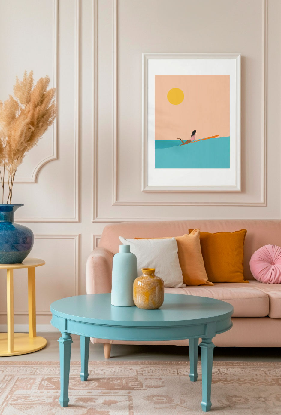 Affiche Pop Girl – surfeuse stylisée sur fond coloré – illustration pop By Swelle.