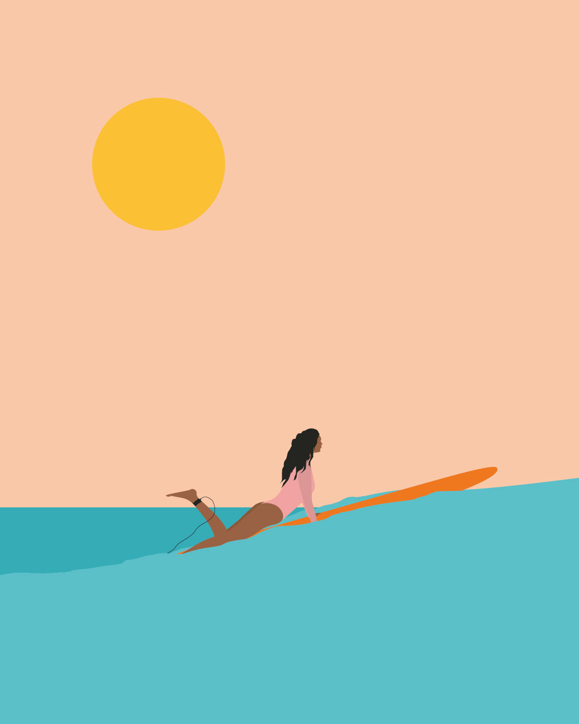 Affiche Pop Girl – surfeuse stylisée sur fond coloré – illustration pop By Swelle.