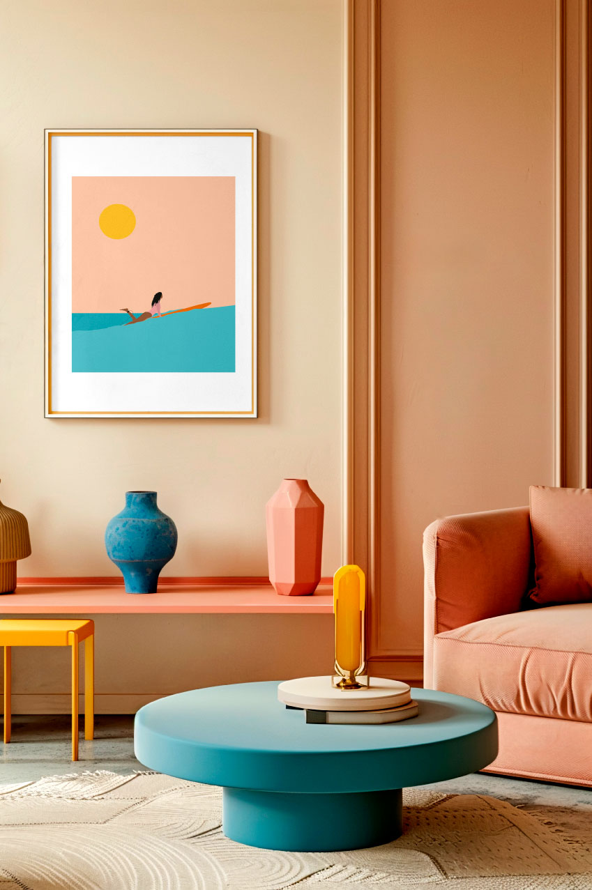 Affiche Pop Girl – surfeuse stylisée sur fond coloré – illustration pop By Swelle.