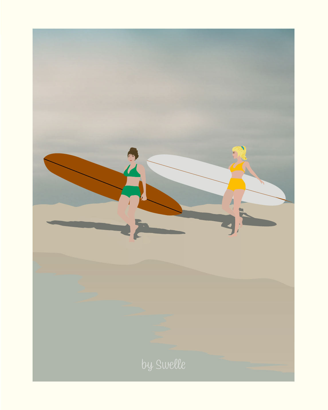 Affiche Gidget’s crew – illustration de surfeuses sur la plage – art surf By Swelle.Affiche surf féminine et rétro, mettant en scène des surfeuses sur la plage.