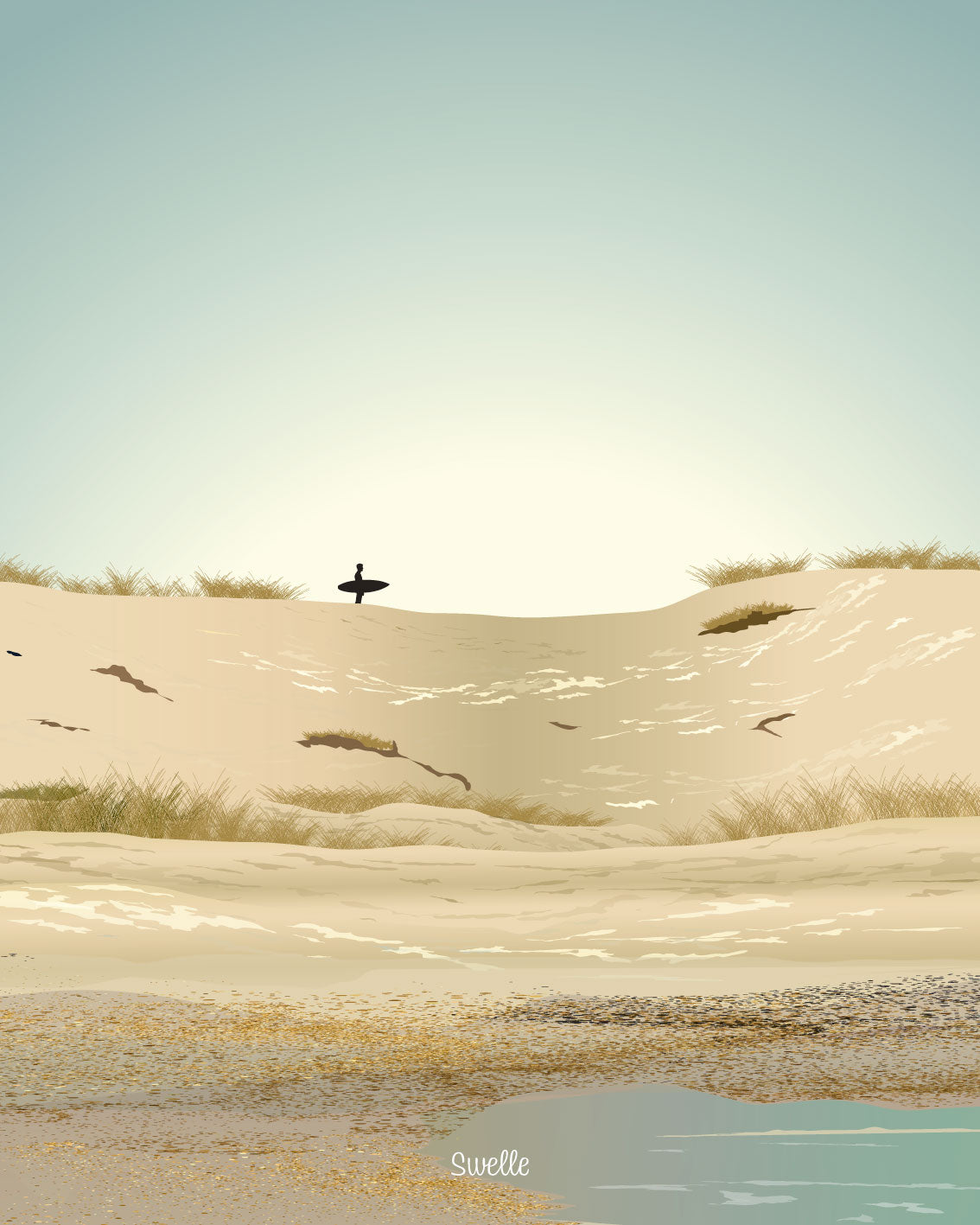 Affiche minimaliste de dune et d’oiseau, dans des tons pastel doux et naturels.