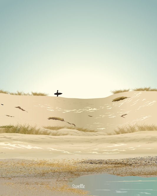 Affiche minimaliste de dune et d’oiseau, dans des tons pastel doux et naturels.