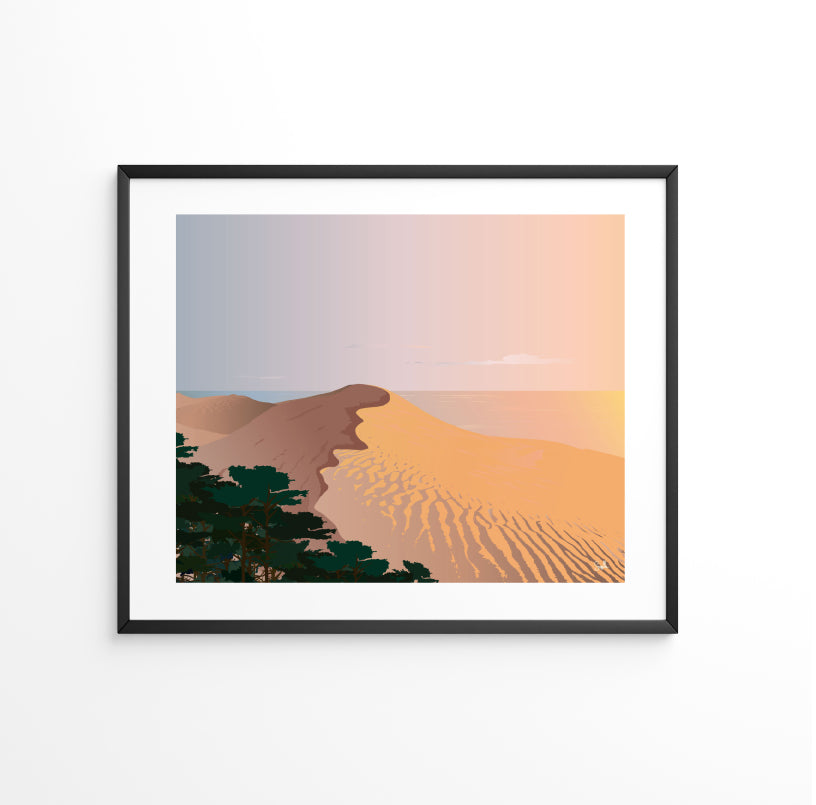 Affiche Sunset sur la grande. Cette affiche &nbsp;sur le thème de la Dune du Pilat reflète un des ces instant magique lors de coucher de soleil, dans des tons chaud, sable, de quoi mettre de la couleur et de la douceur dans vos intérieurs.