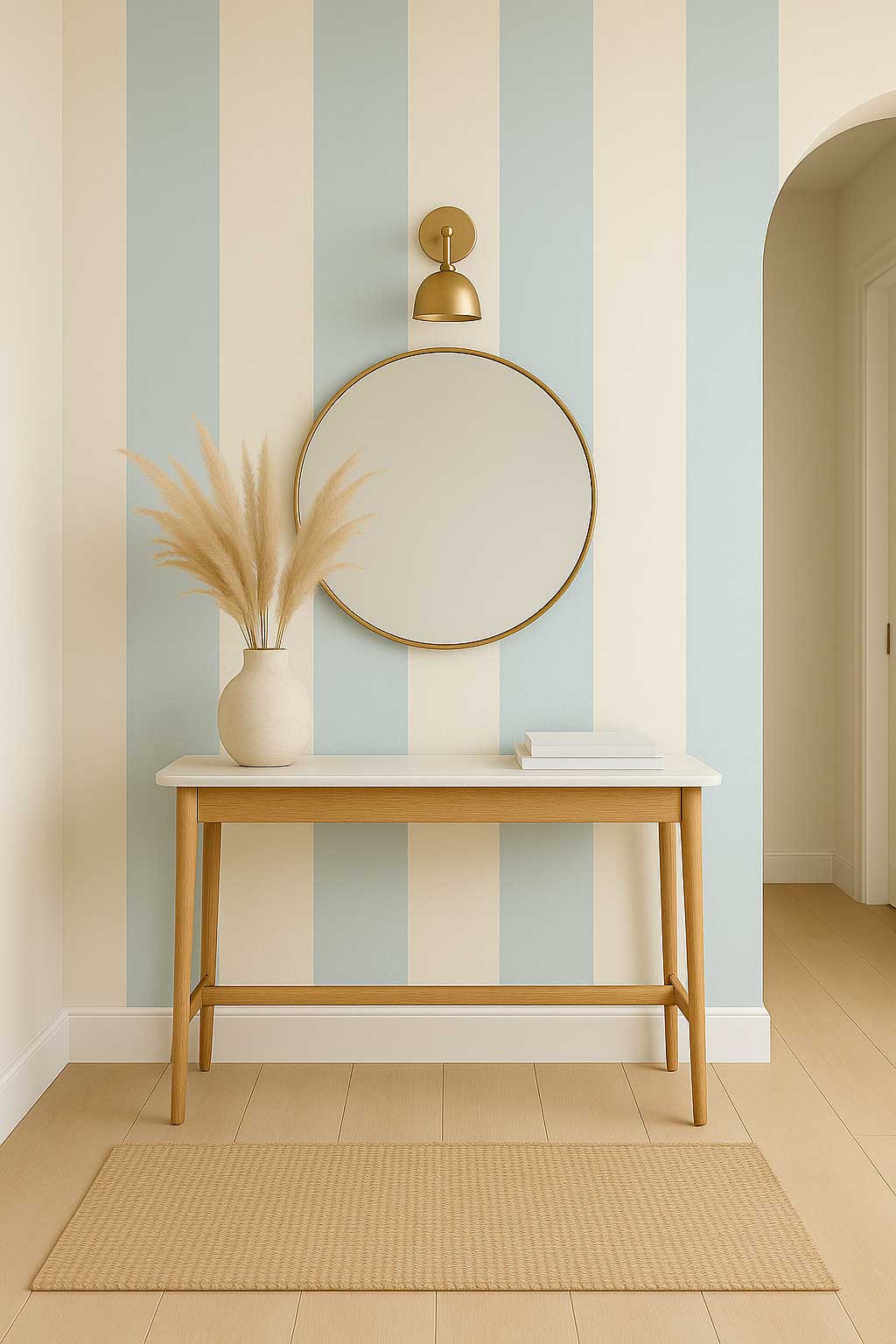 Papier peint rayé bleu ciel et blanc chaud – motif rayures esprit bord de mer.