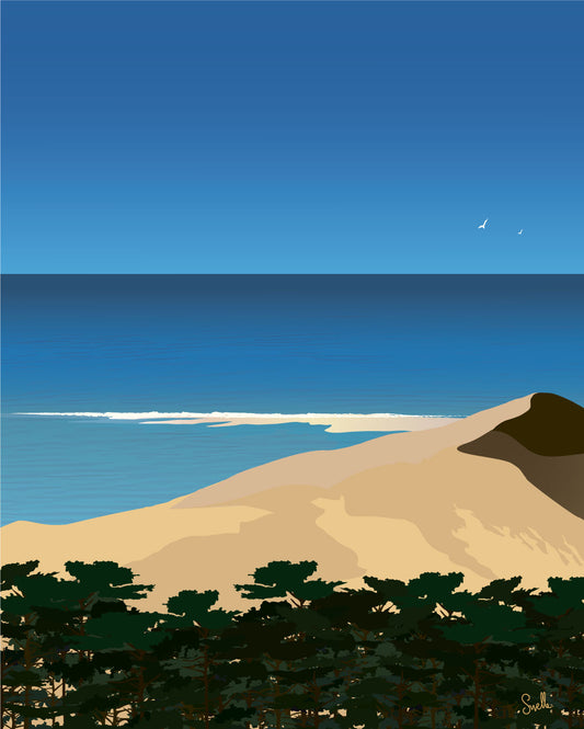 Affiche La Dune du Pilat. Cette affiche reflète la Dune du Pilat, dans des tons de bleus, sable, vert nous renvoie &nbsp;à nos beaux jours d'été , à cette balade tout en haut de notre grande dune qui nous offre une vue plongeante sur le banc d'arguin 