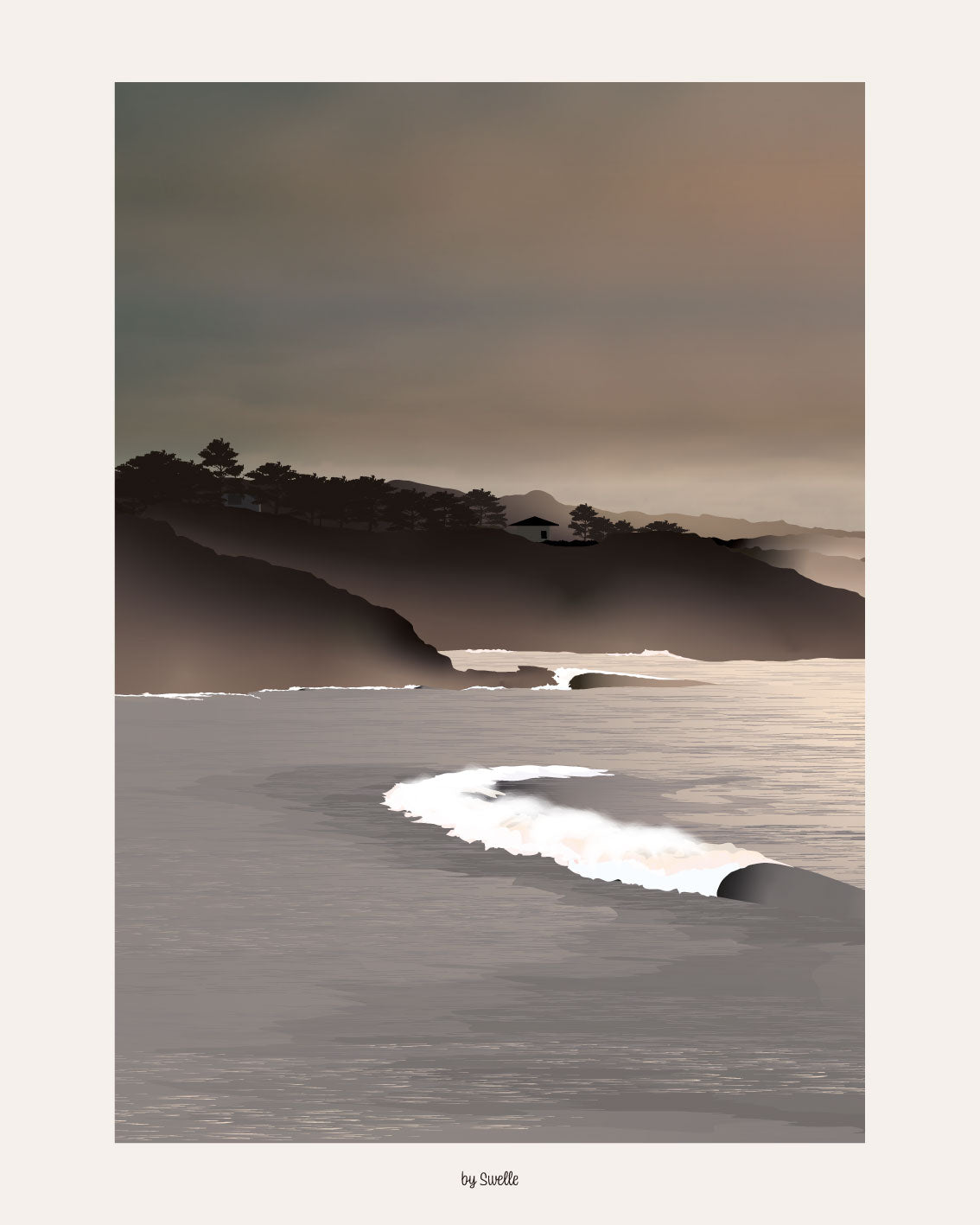 Affiche de paysage côtier avec falaises, océan et lumière brumeuse.
