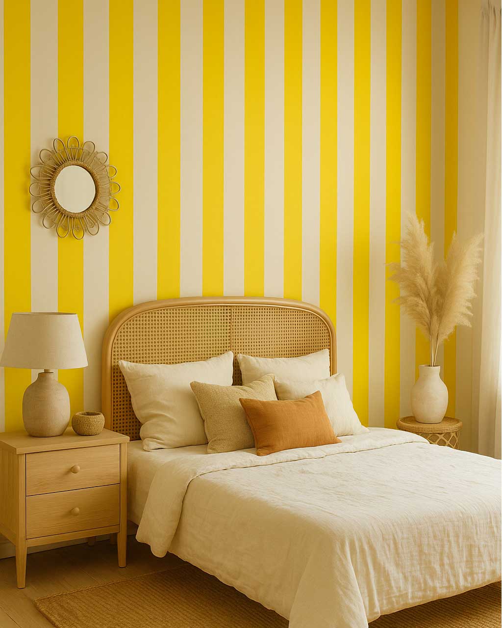 Papier peint rayé jaune citron & sable – rayures verticales lumineuses.