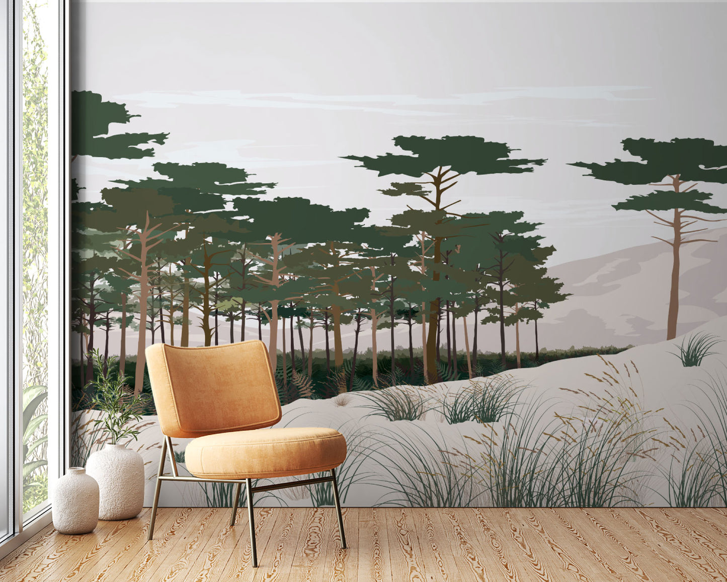 Papier peint La Dune – forêt de pins et dunes côtières – illustration By Swelle.