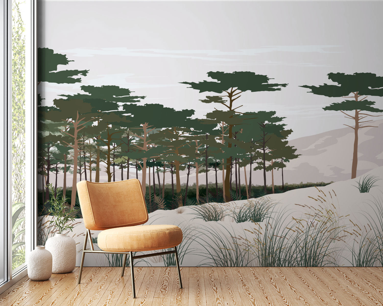 Papier peint La Dune – forêt de pins et dunes côtières – illustration By Swelle.