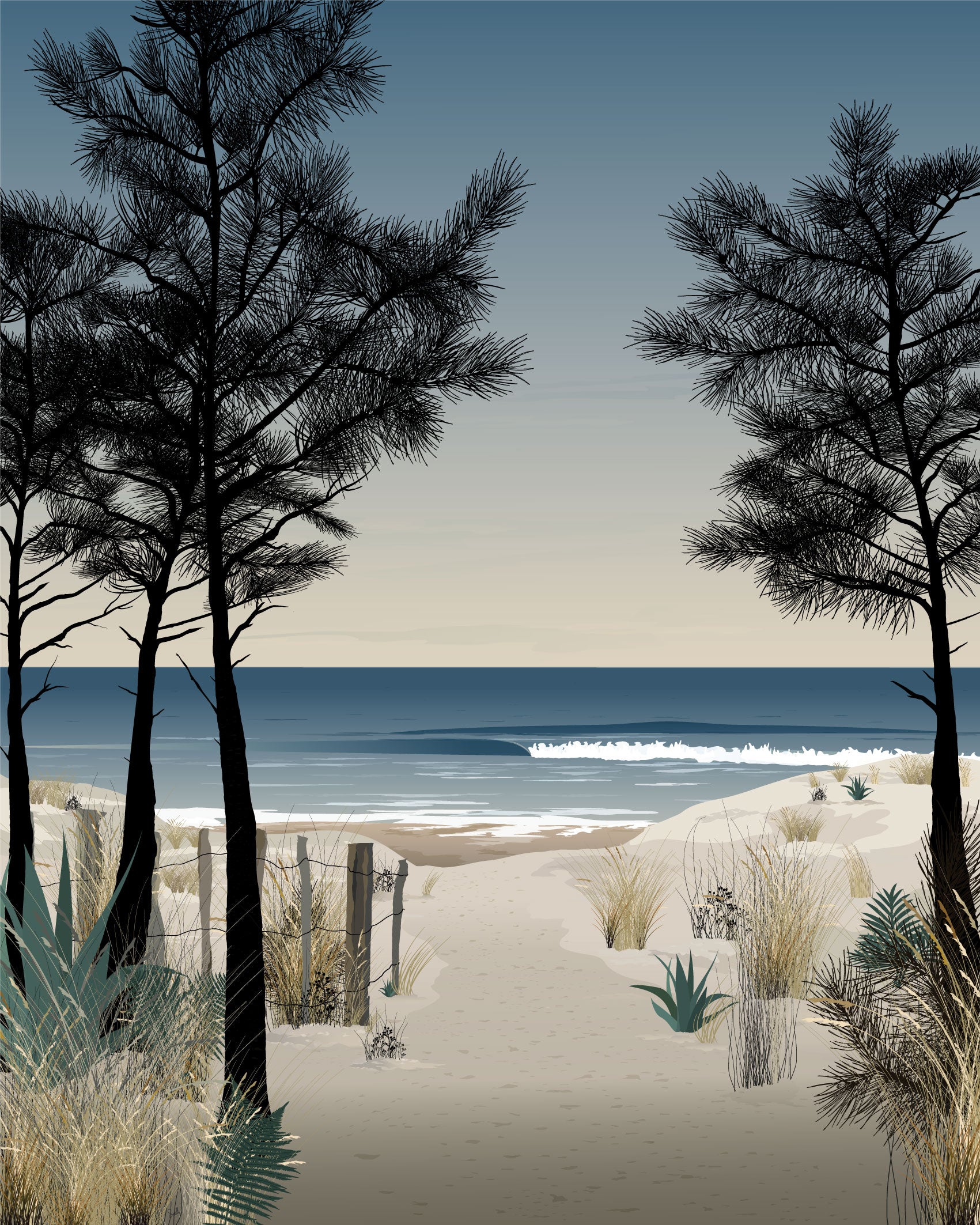 Papier peint Le Chemin – ganivelles et sentier côtier menant à l’océan – By Swelle.