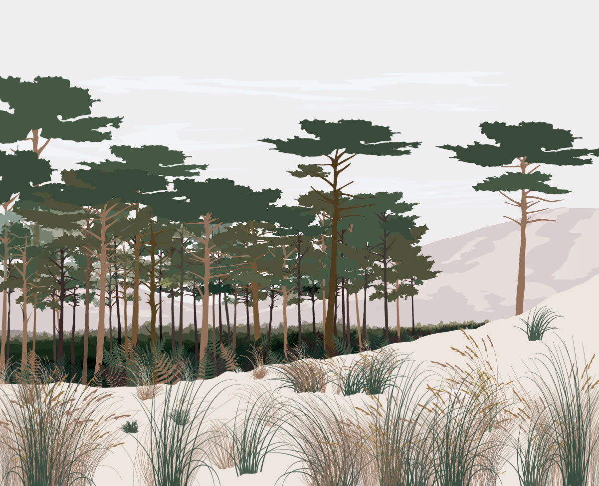 Papier peint La Dune – forêt de pins et dunes côtières – illustration By Swelle.