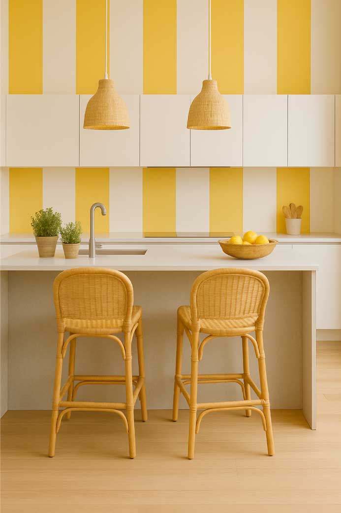 Papier peint rayé jaune citron & sable – rayures verticales lumineuses.