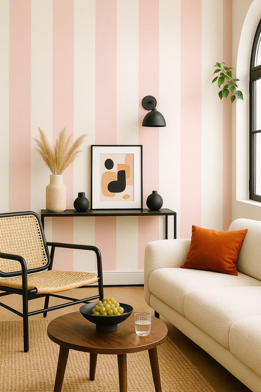 Papier peint rayé pétale & sable – rayures rose doux et sable clair.