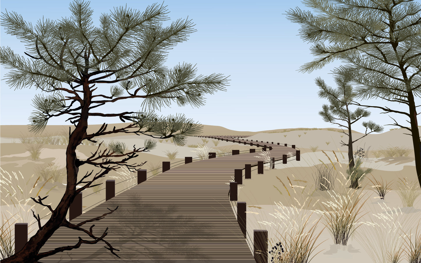 Papier peint La balade des planches – chemin de bois dans les dunes.