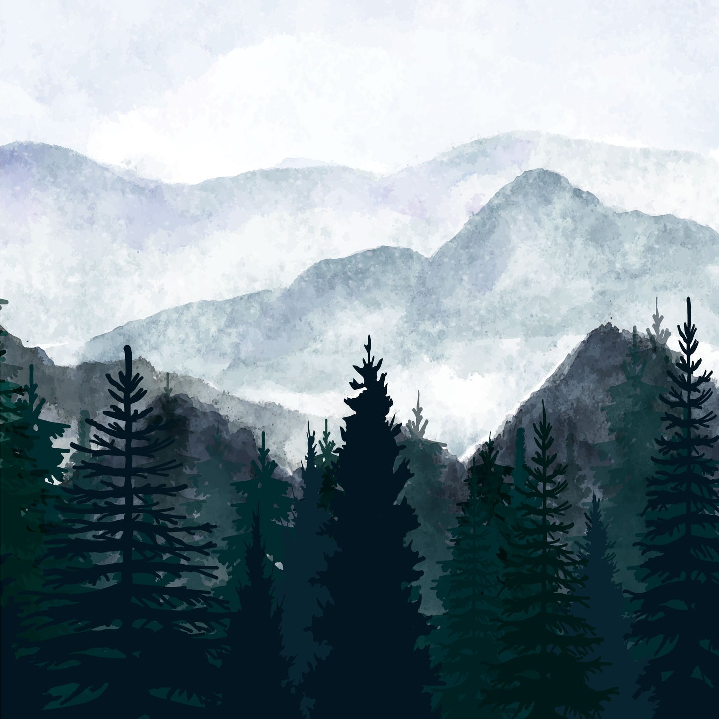 Papier peint La Montagne – forêt et reliefs dans la brume.