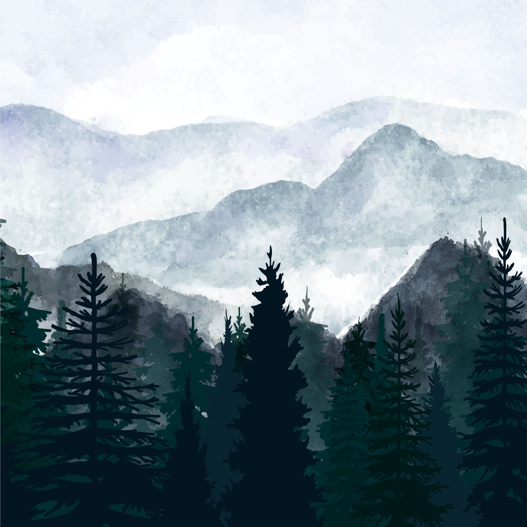 Papier peint La Montagne – forêt et reliefs dans la brume.