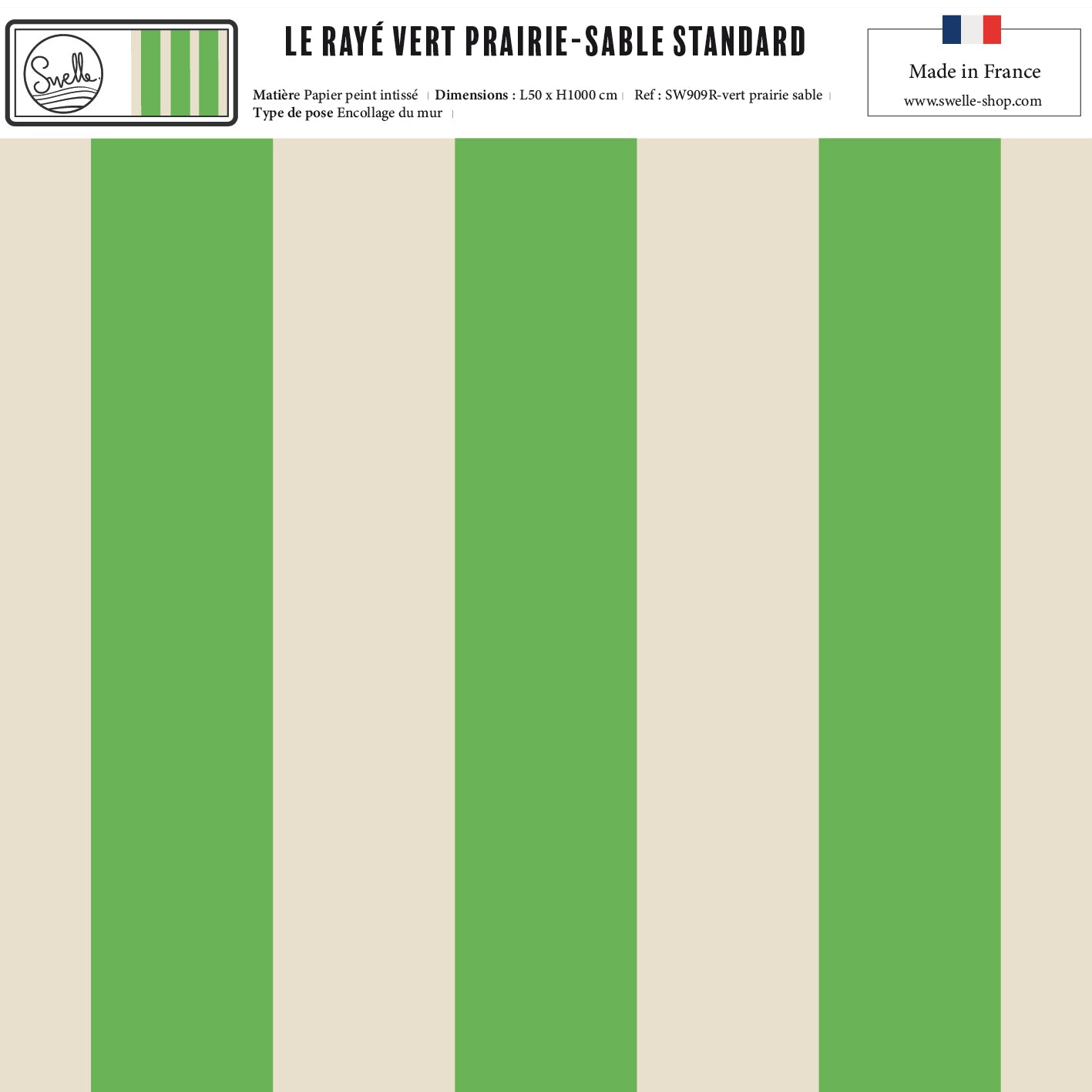 Papier peint rayé vert prairie – motif rayures vert naturel.