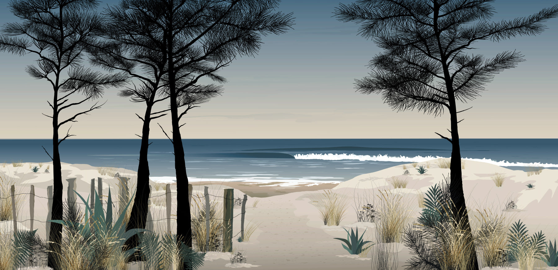 Papier peint Le Chemin – ganivelles et sentier côtier menant à l’océan – By Swelle.