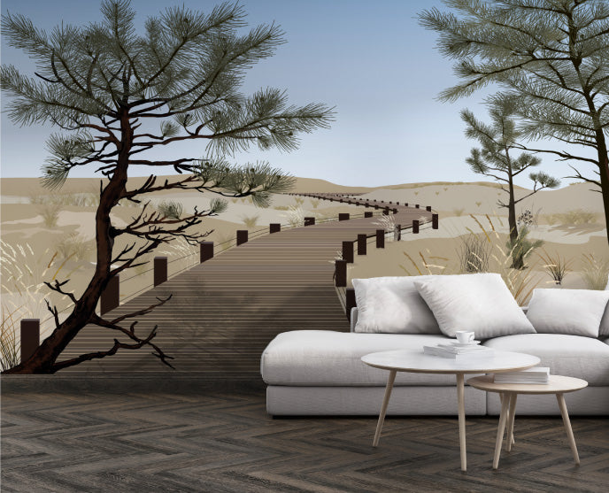 Papier peint La balade des planches – chemin de bois dans les dunes.