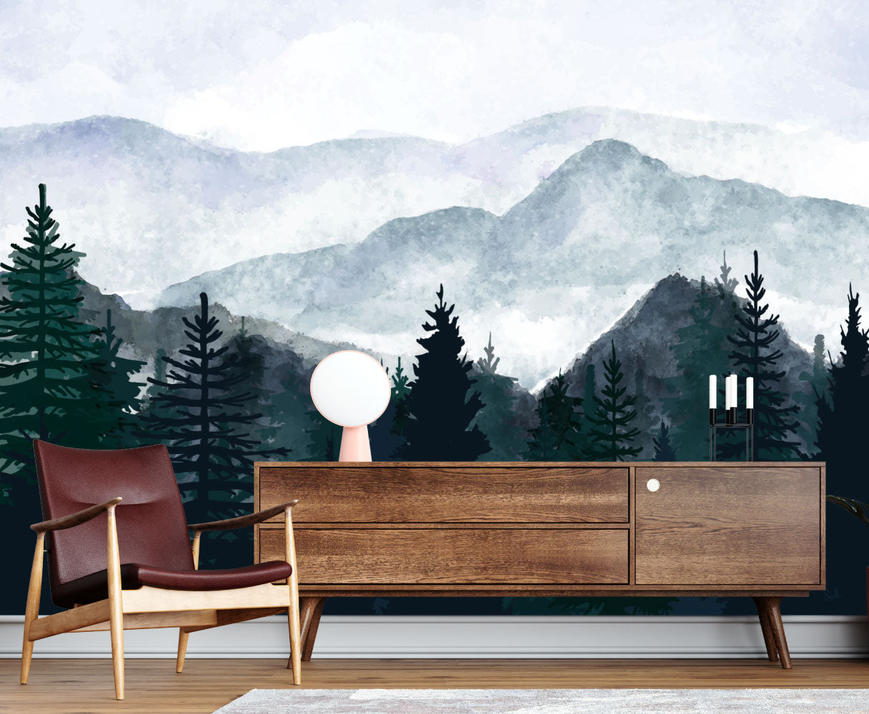 Papier peint La Montagne – forêt et reliefs dans la brume.