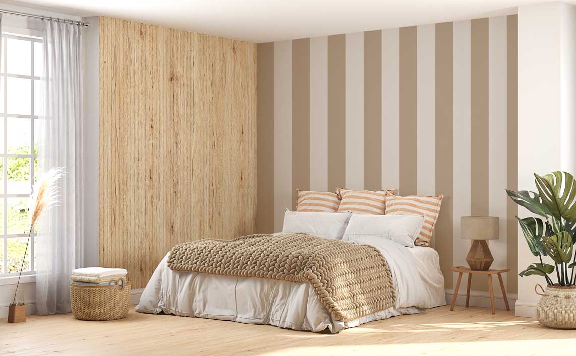 Papier peint rayé beige & sable – motif de rayures verticales naturelles.