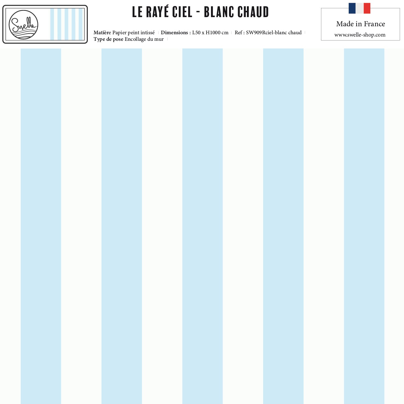 Papier peint rayé bleu ciel et blanc chaud – motif rayures esprit bord de mer.
