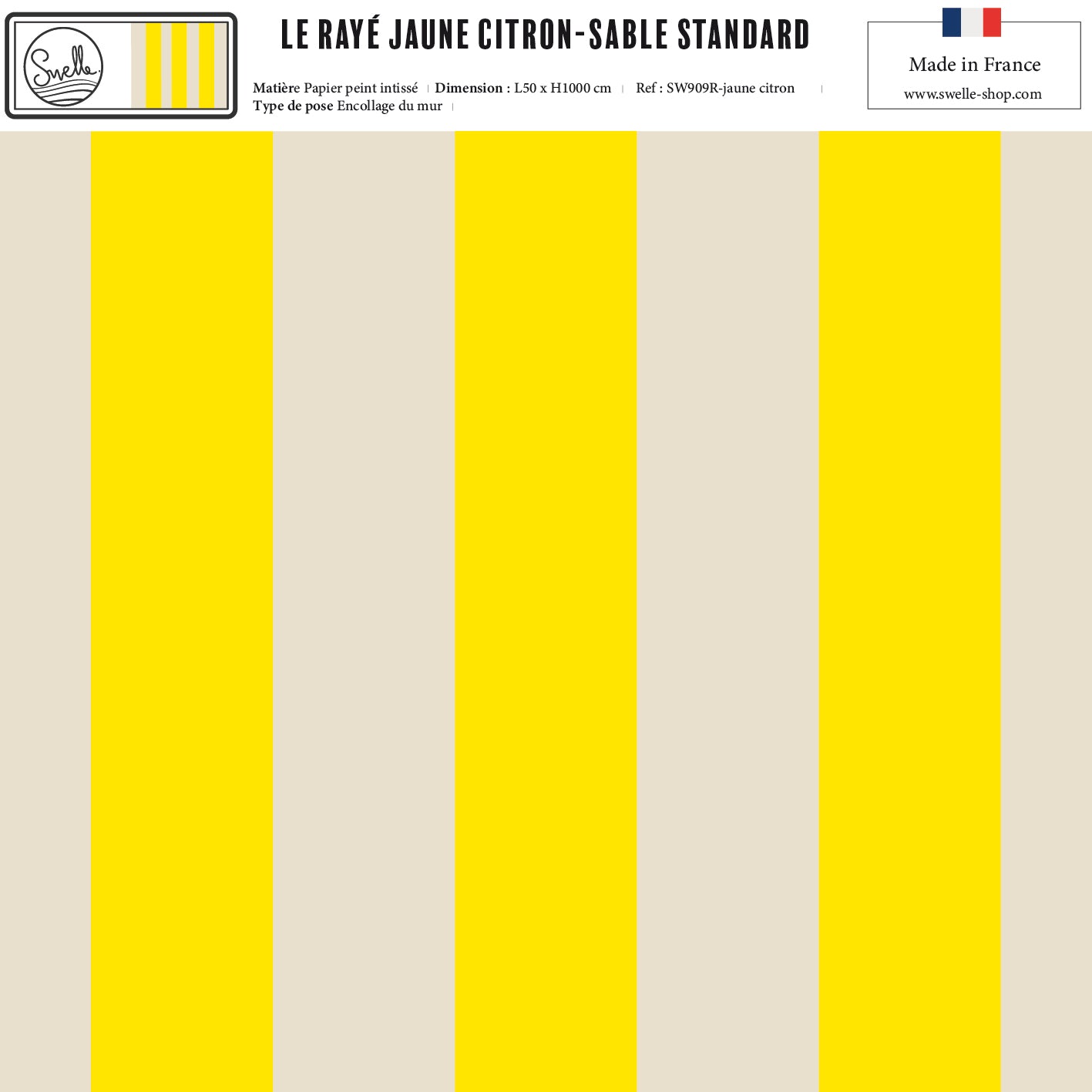 Papier peint rayé jaune citron & sable – rayures verticales lumineuses.