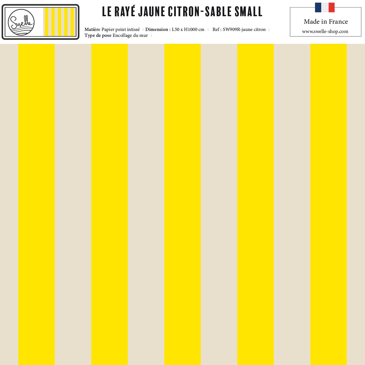 Papier peint rayé jaune citron & sable – rayures verticales lumineuses.