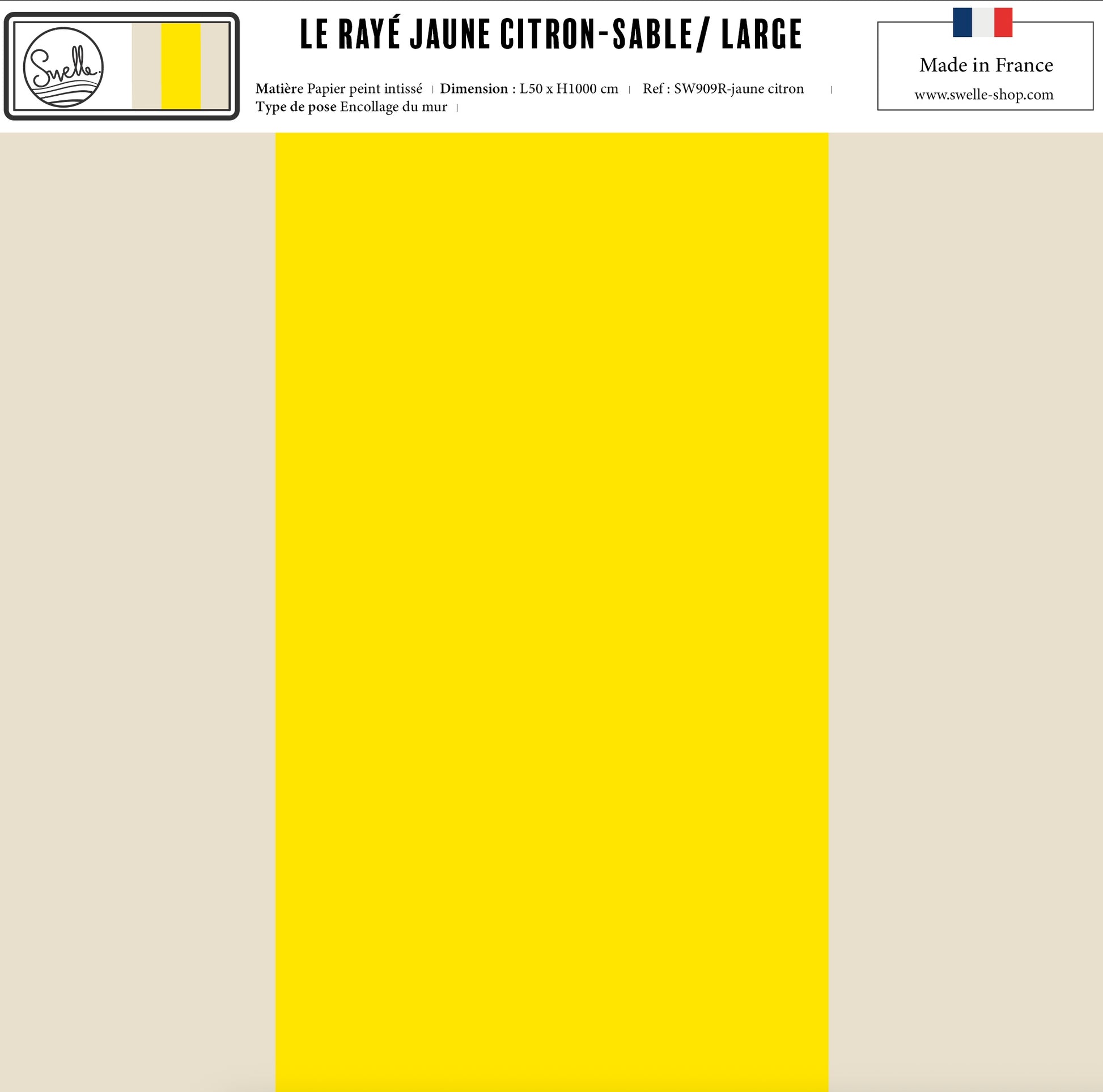 Papier peint rayé jaune citron & sable – rayures verticales lumineuses.