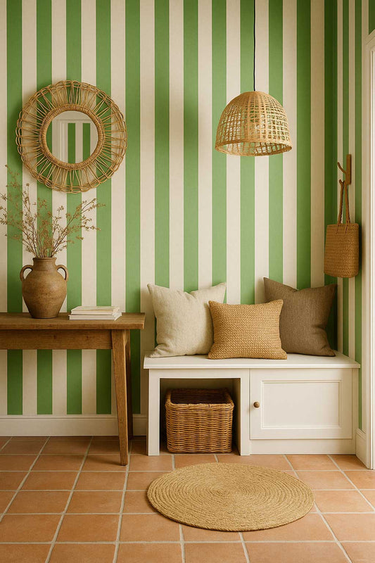 Papier peint rayé vert prairie – motif rayures vert naturel.