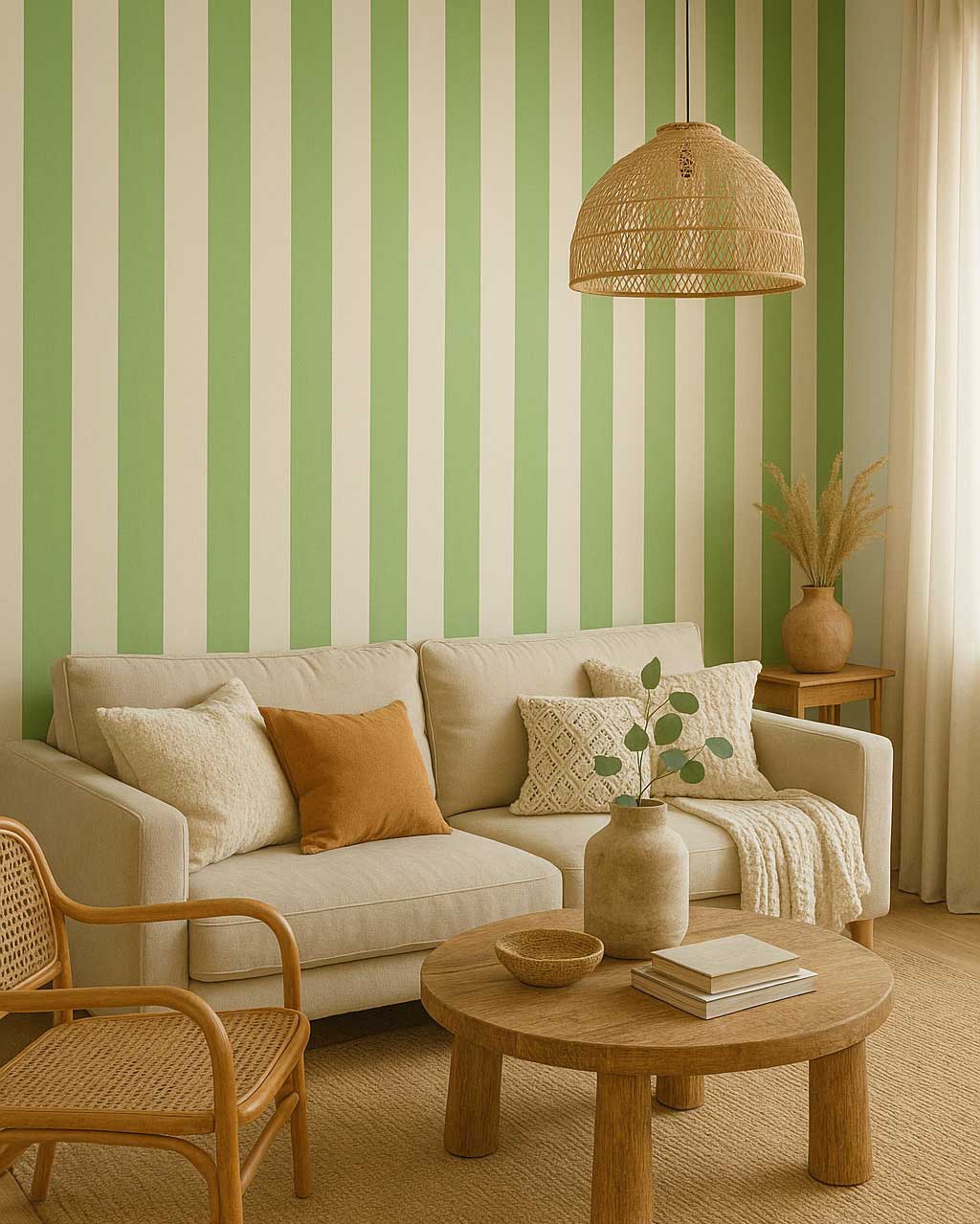 Papier peint rayé vert prairie – motif rayures vert naturel.