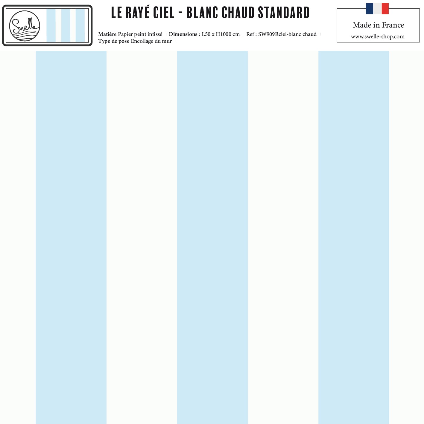 Papier peint rayé bleu ciel et blanc chaud motif rayures esprit bord de mer.