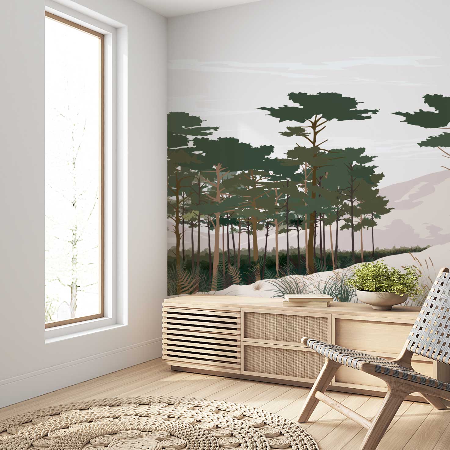 Papier peint La Dune – forêt de pins et dunes côtières – illustration By Swelle.