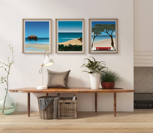  triptyque dédié au bassin d'Arcachon, avec son si reconnaissable banc rouge, la dune du Pilat et l'une des cabane Tchanquée 