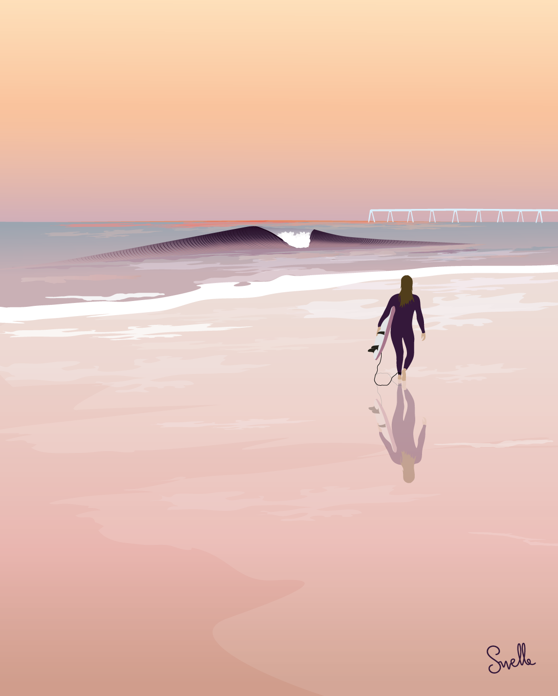 Affiche Peace Place – surfeur marchant sur une plage aux reflets rosés – illustration By Swelle.