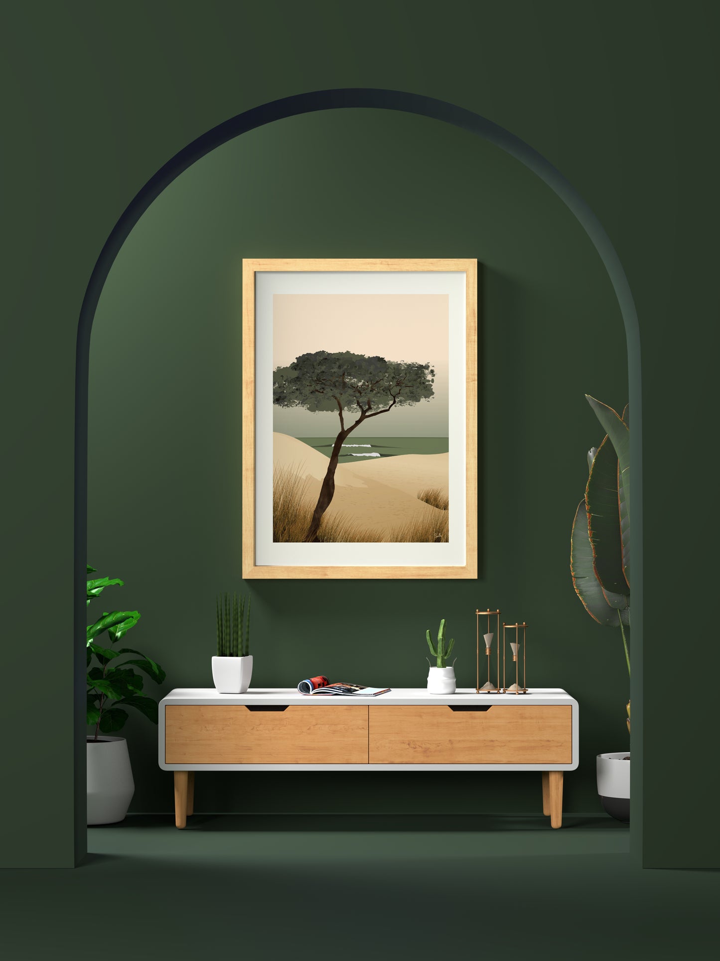 Affiche Pinus Pinaster – pin maritime solitaire sur fond de dunes – illustration By Swelle.