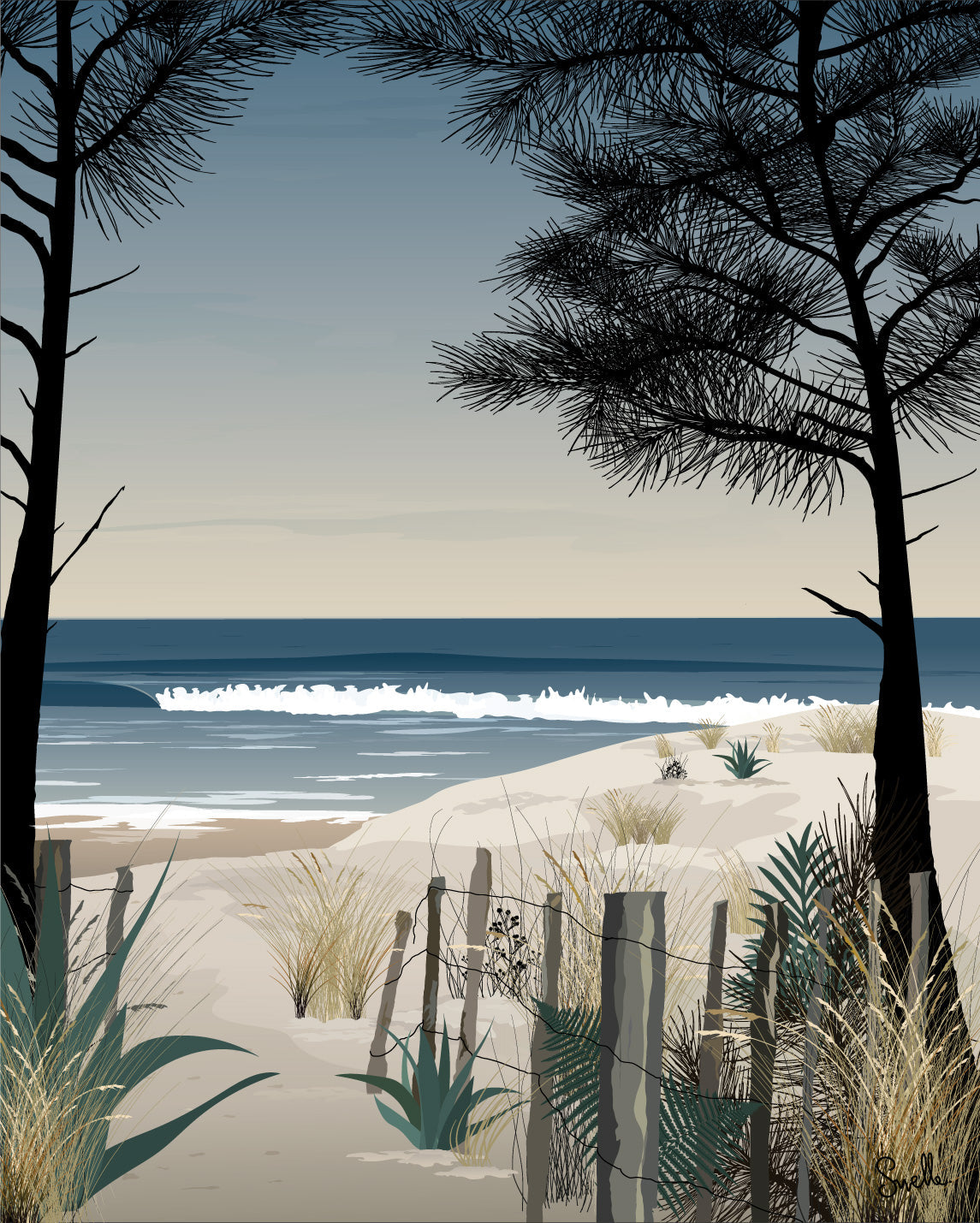 Affiche Le chemin – sentier sablonneux bordé de ganivelles vers l’océan – illustration By Swelle.